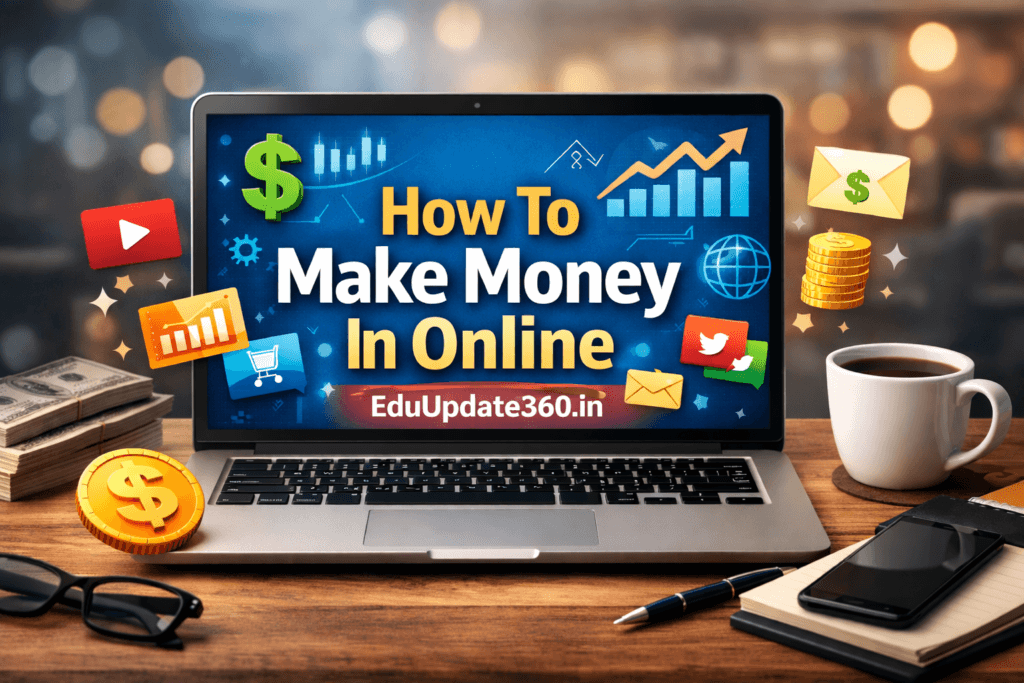 How to make money online guide displayed on laptop screen with EduUpdate360.in branding
