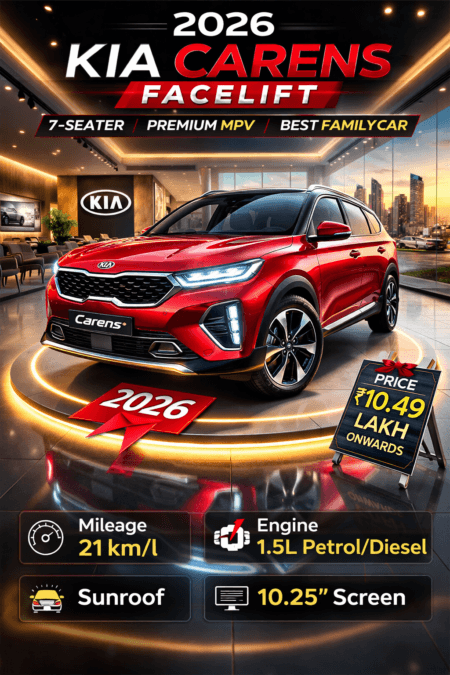 2026 Kia Carens Facelift displayed inside a modern dealership showroom with bright LED lighting and glossy reflections, highlighting its premium design and bold road presence.