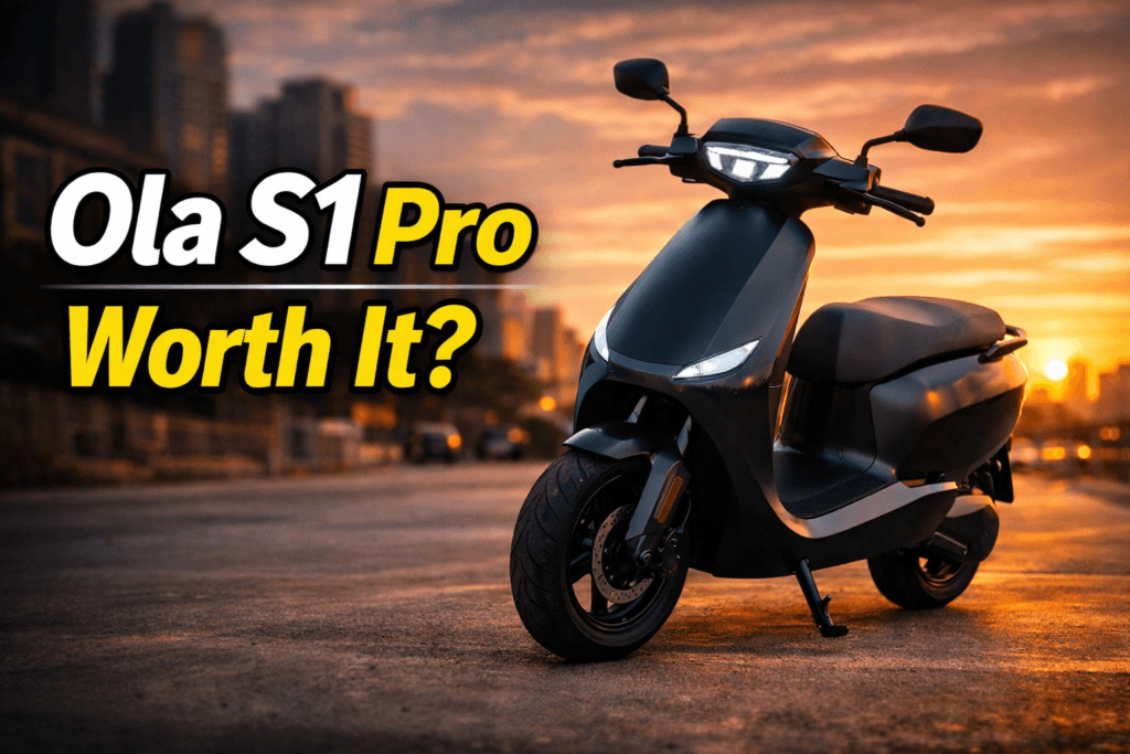 A stylish black Ola S1 Pro electric scooter parked on a city road during sunset for a Real-World Review.