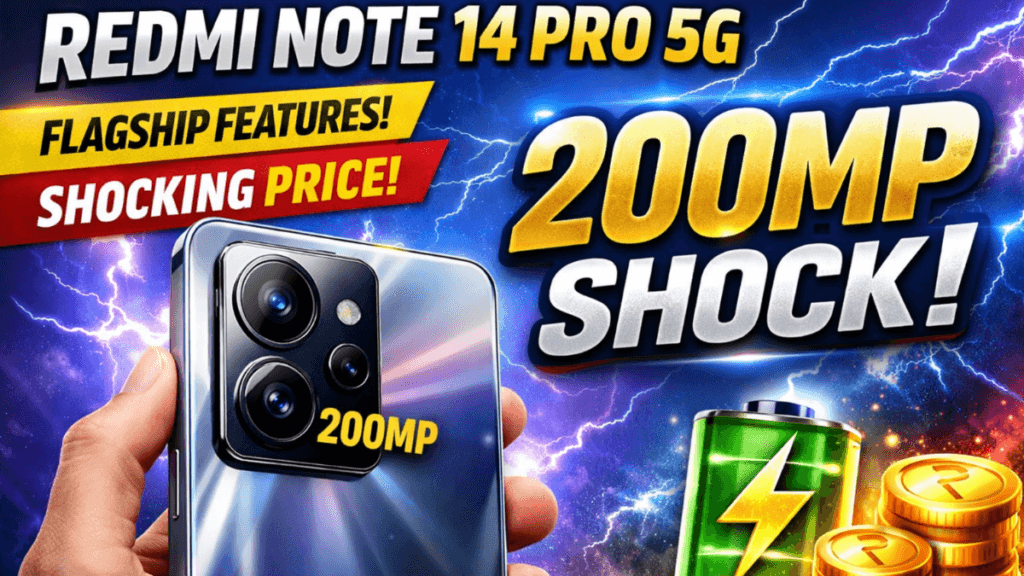 Redmi Note 14 Pro 5G smartphone showing 200MP camera module with lightning background and bold “200MP Shock” text.