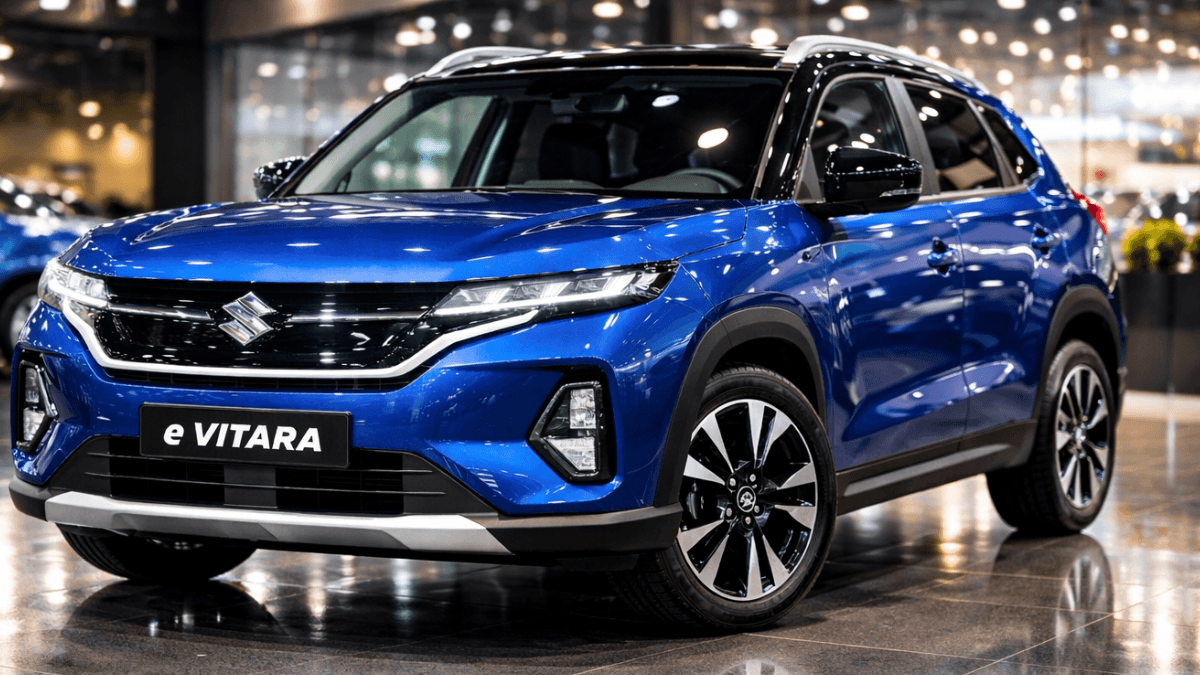 Metallic blue Maruti Suzuki e Vitara electric SUV displayed inside a modern car showroom with bright ceiling lights reflecting on its glossy body and polished floor.