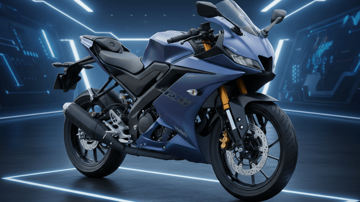 Yamaha R15 V5 on a winding highway at sunrise, showing aggressive twin-LED headlights, aerodynamic winglets, and sporty rider leaning into a curve”