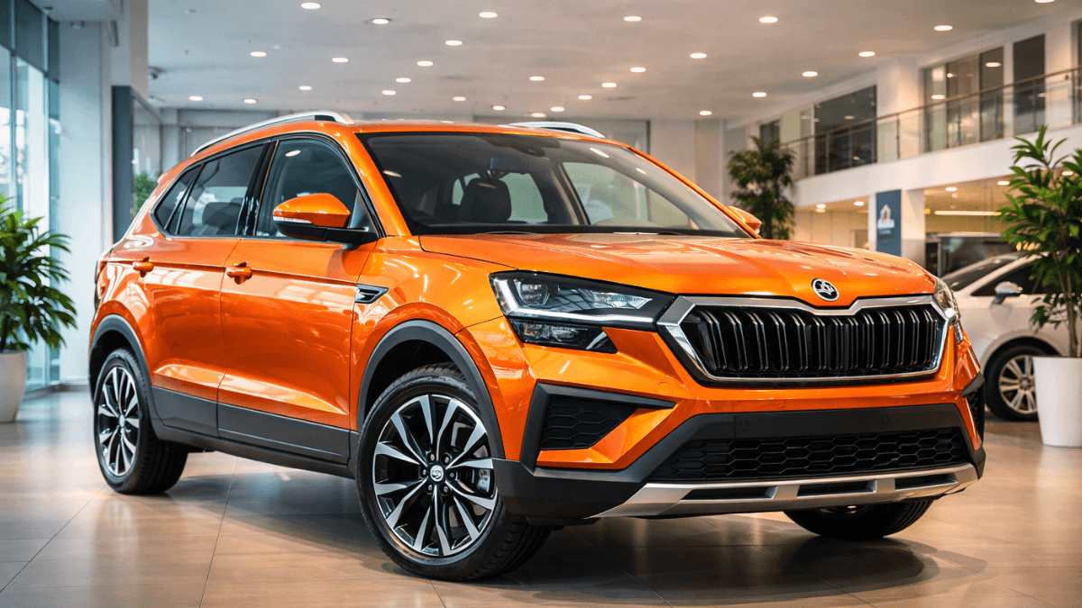 Orange Skoda Kushaq Facelift 2026 standing at an attractive side angle inside a modern car showroom with bright lighting and glossy floor.