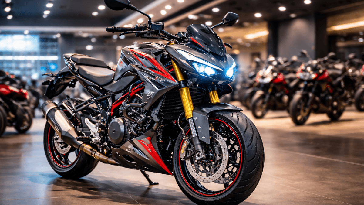 TVS Apache RTR 310 displayed inside a premium motorcycle showroom with sharp LED headlamps, red trellis frame and aggressive streetfighter design.