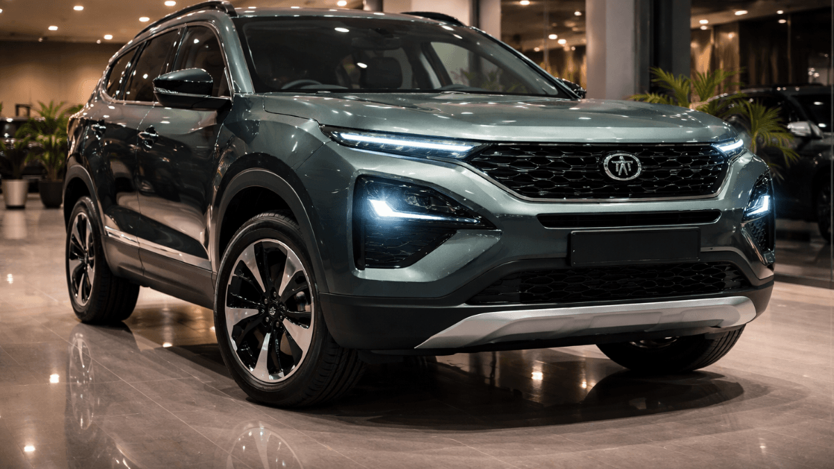 2026 Tata Harrier Facelift SUV standing in a modern showroom with glossy metallic finish and bold LED DRL design