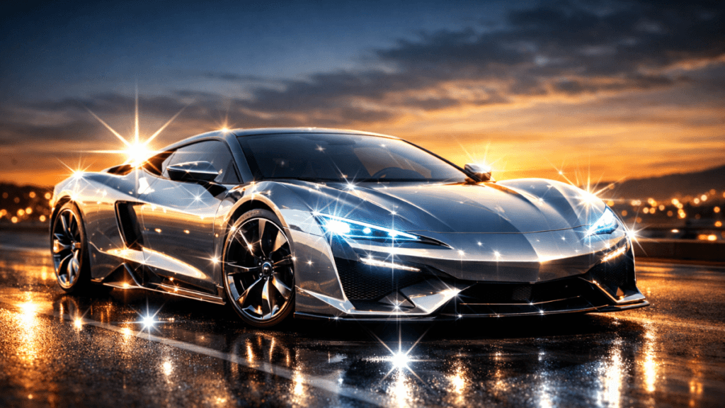 2026 HyperDrive X luxury car with futuristic design, glowing metallic finish, and sleek aerodynamic body on a scenic highway.