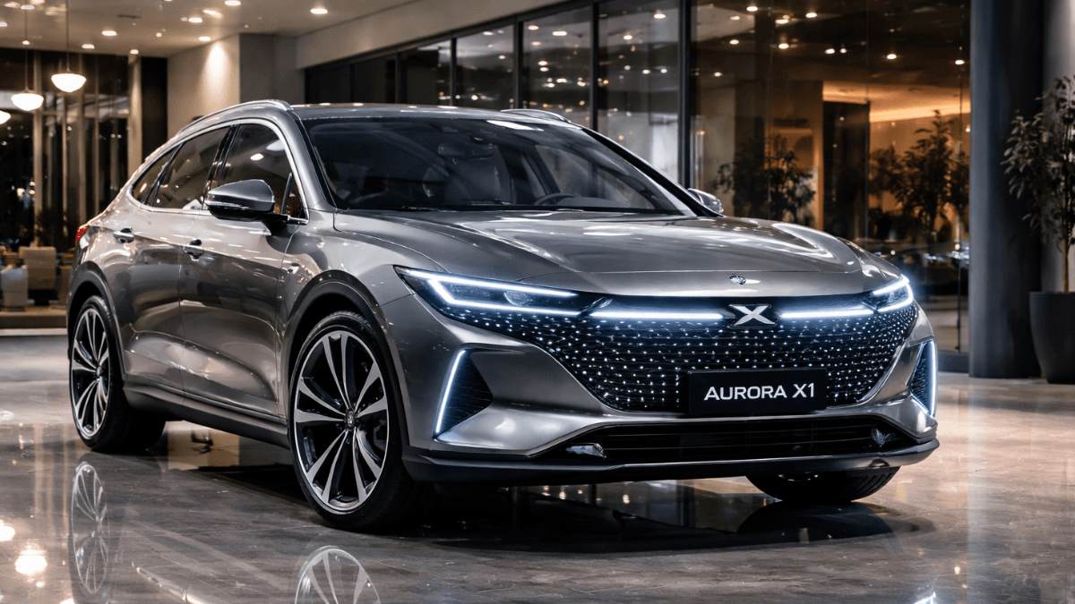 Aurora X1 luxury hybrid SUV parked inside a modern showroom, shining like a diamond under ambient lighting, sleek metallic silver body with illuminated grille and LED headlights, reflecting elegance and futuristic design.”