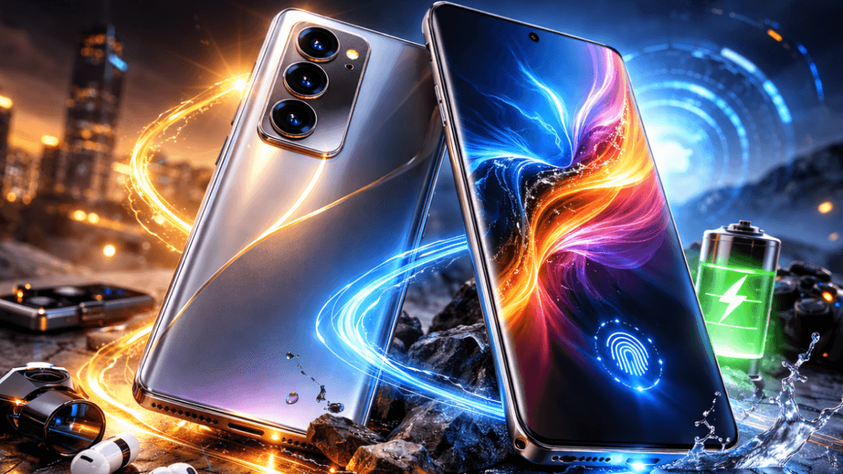 Vivo V70 and V70 Elite phones displayed with glowing effects in a futuristic setu