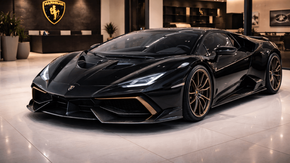 2026 Lamborghini Temerario black 907HP hybrid supercar displayed inside premium luxury car showroom side profile view