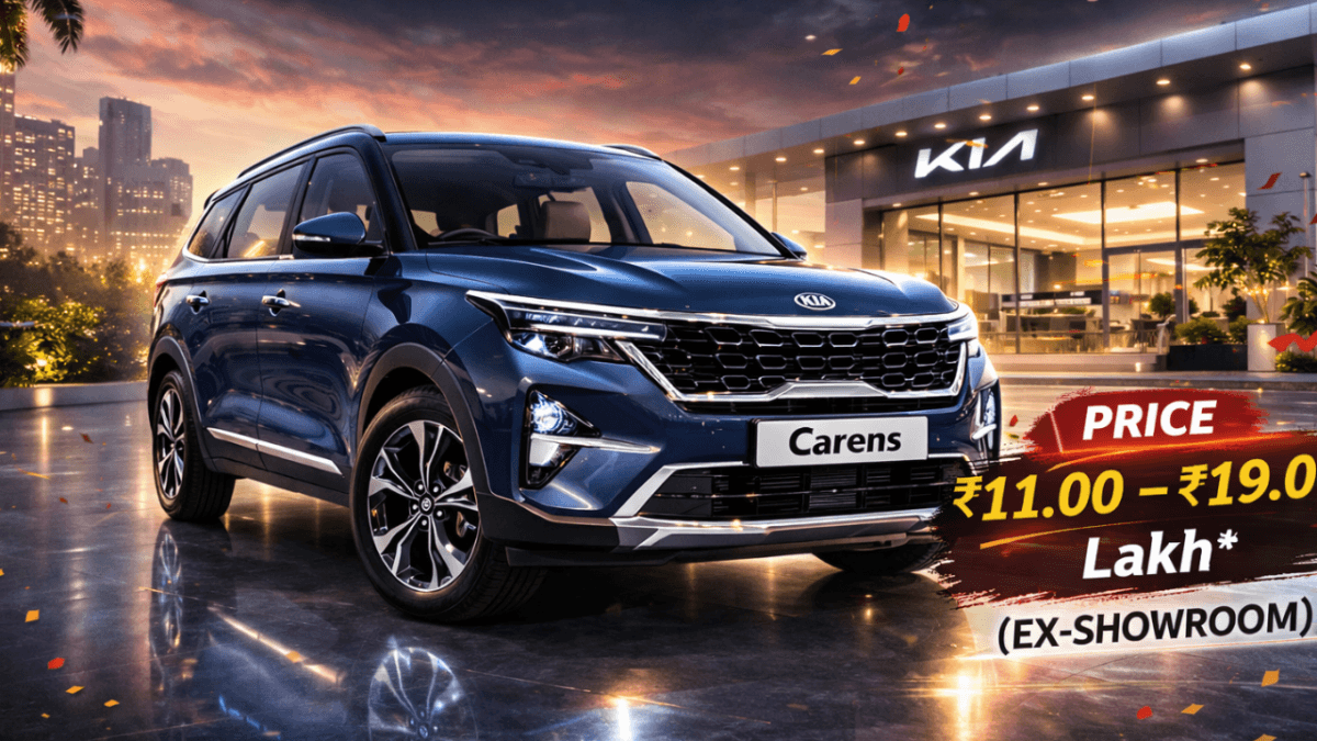 2026 Kia Carens Facelift parked in a modern showroom with glossy floor reflections and bold price tag starting at ₹10.49 lakh (ex-showroom), highlighted for Google Discover thumbnail.