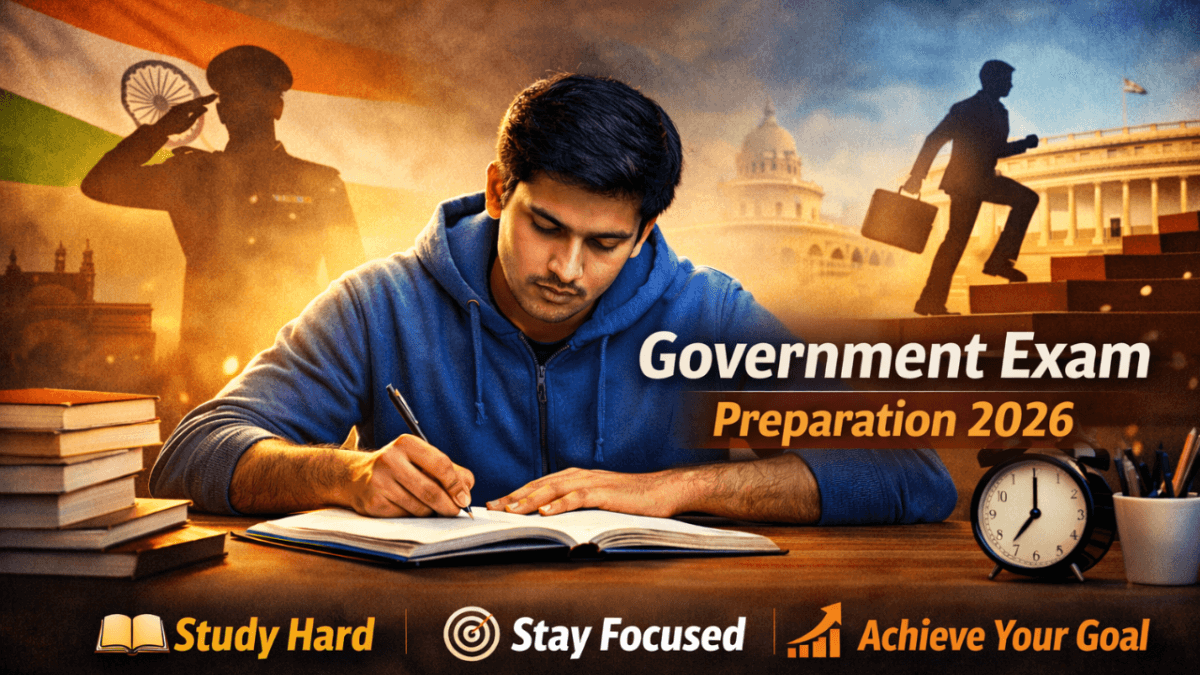 Focused Indian student studying at desk for Government Exam Preparation 2026 with books, clock, and motivational background.
