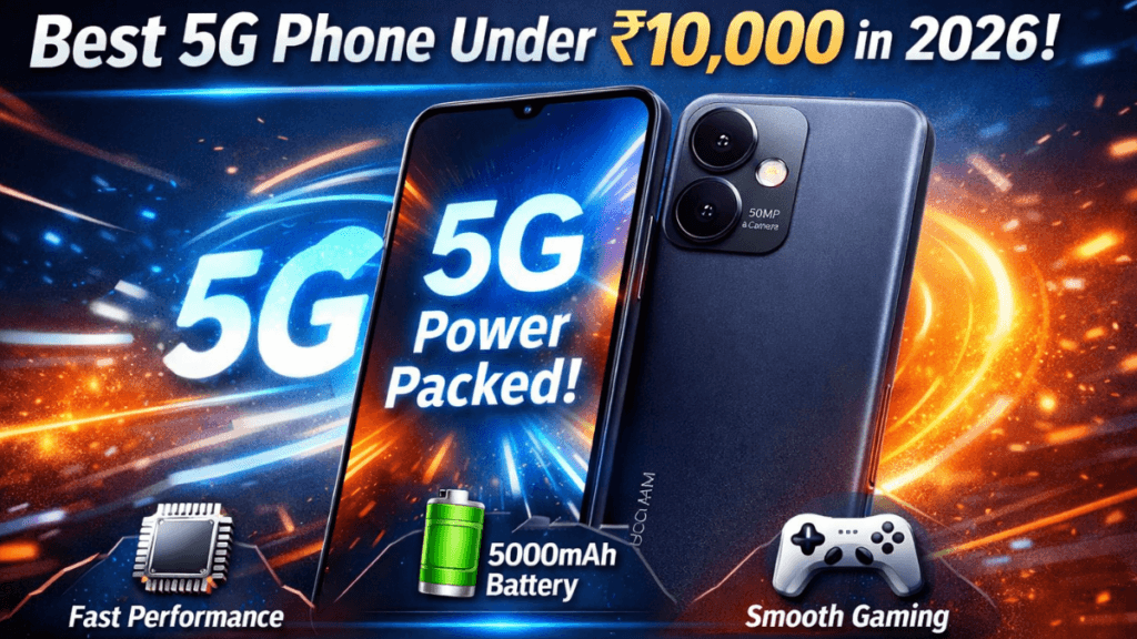 Promotional image of Redmi 13C 5G highlighting it as the best 5G phone under ₹10,000 in 2026, featuring fast performance, 5000mAh battery, and smooth gaming with a dynamic 5G background.
