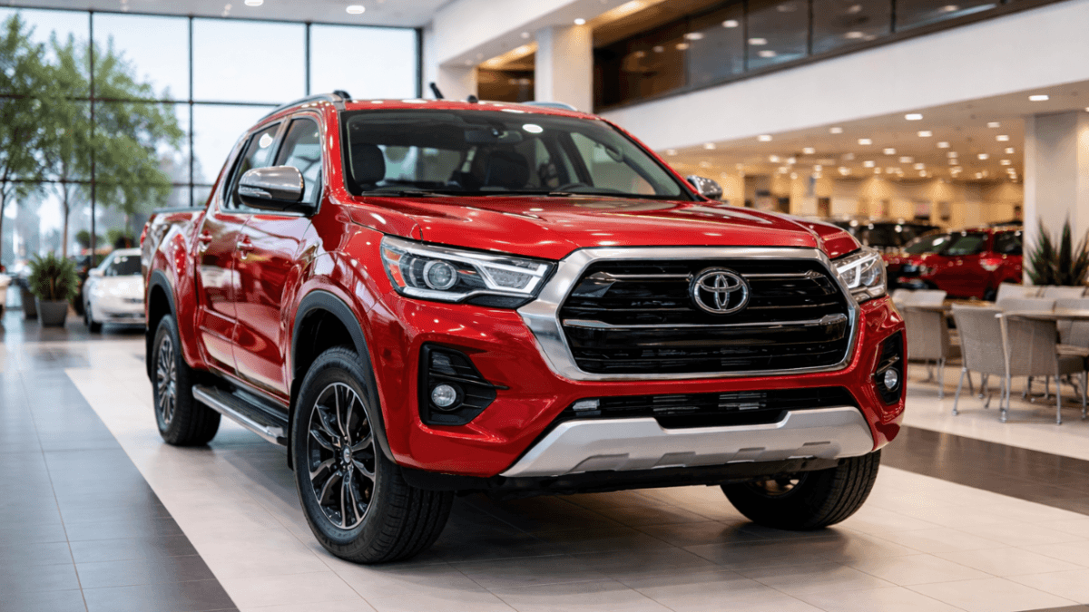 Brand new red 2026 Toyota Hilux pickup truck displayed inside a modern car showroom with bright lighting and stylish interior background.