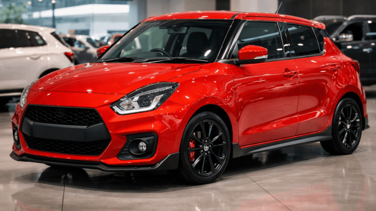 2026 Swift Sport Launch in India showroom model with sporty red design and black alloy wheels