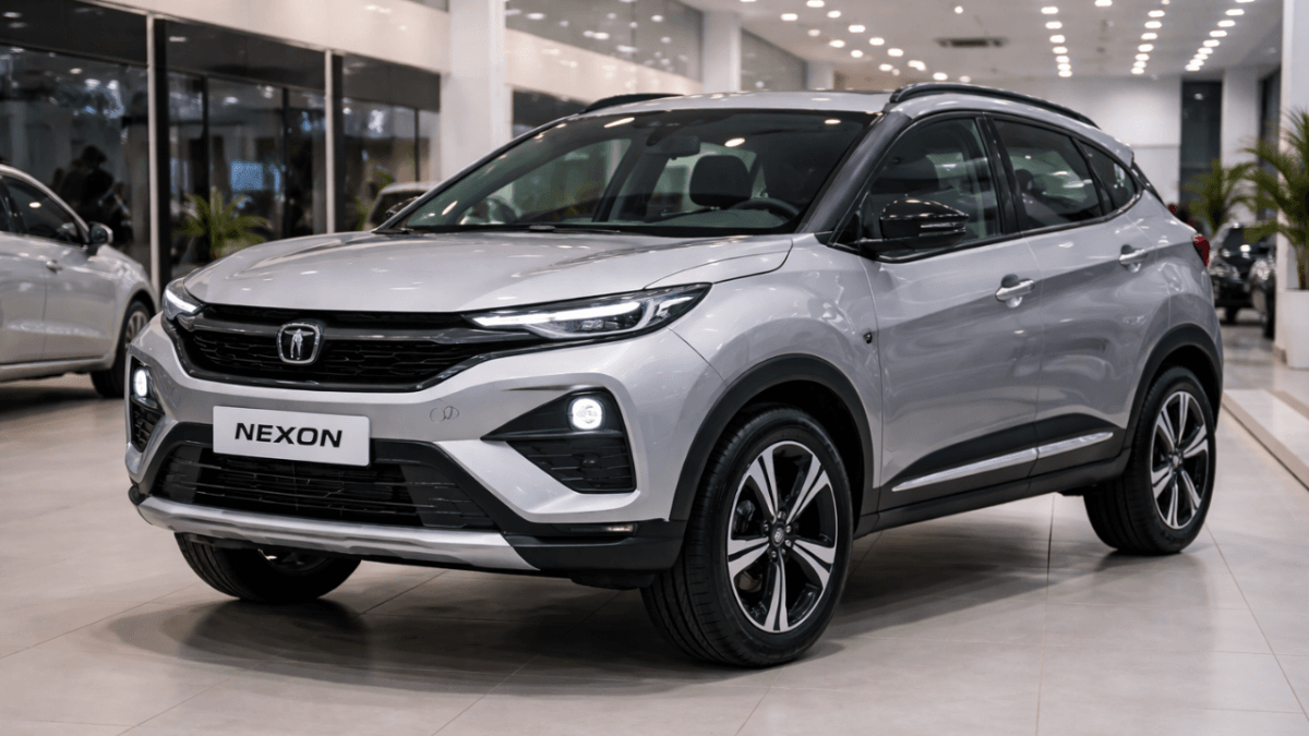 2026 Tata Nexon front side angle view displayed in showroom with LED headlights and bold SUV design