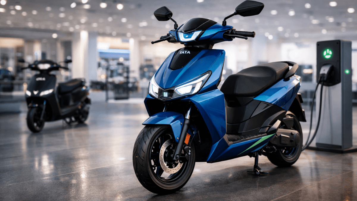 Tata Electric Scooter 2026 displayed in a modern showroom with glossy blue finish and LED headlights, showcasing premium electric design.