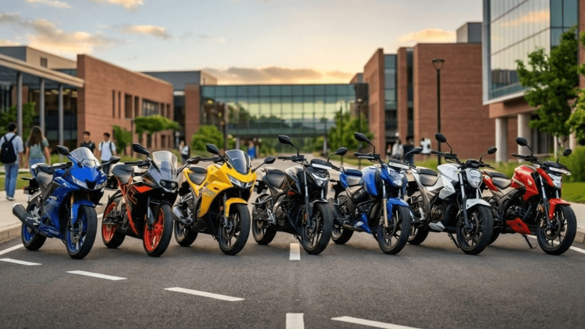 Seven top budget sports bikes of 2026 parked in a row at a college campus.