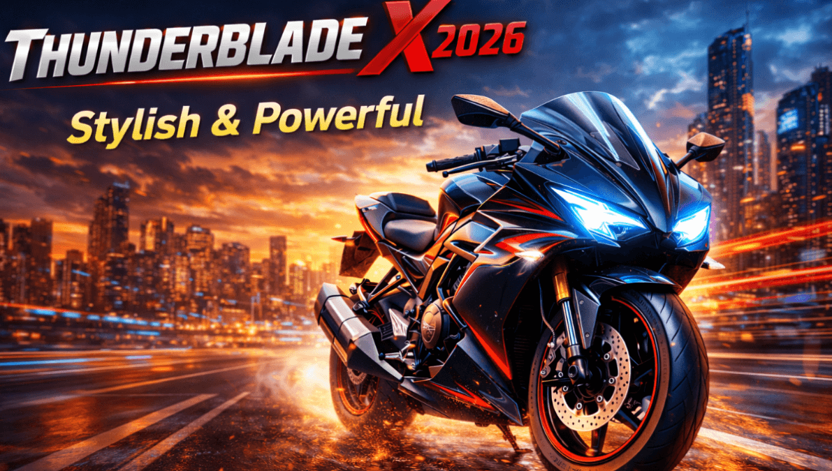 Thunderblade X 2026 futuristic sport motorcycle speeding on a scenic highway at sunset with glowing LED headlights, motion blur, and a vibrant city and sky background, highlighting its stylish and powerful design.”
