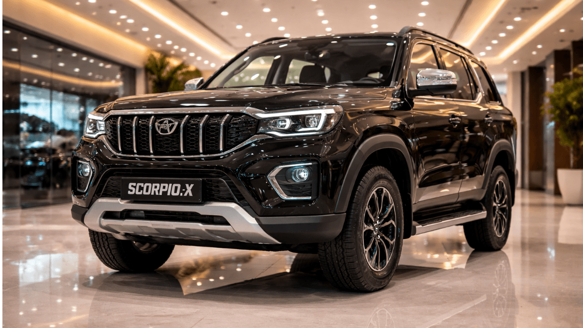 Front grille and LED headlights of the white Mahindra Scorpio.X during its official launch.