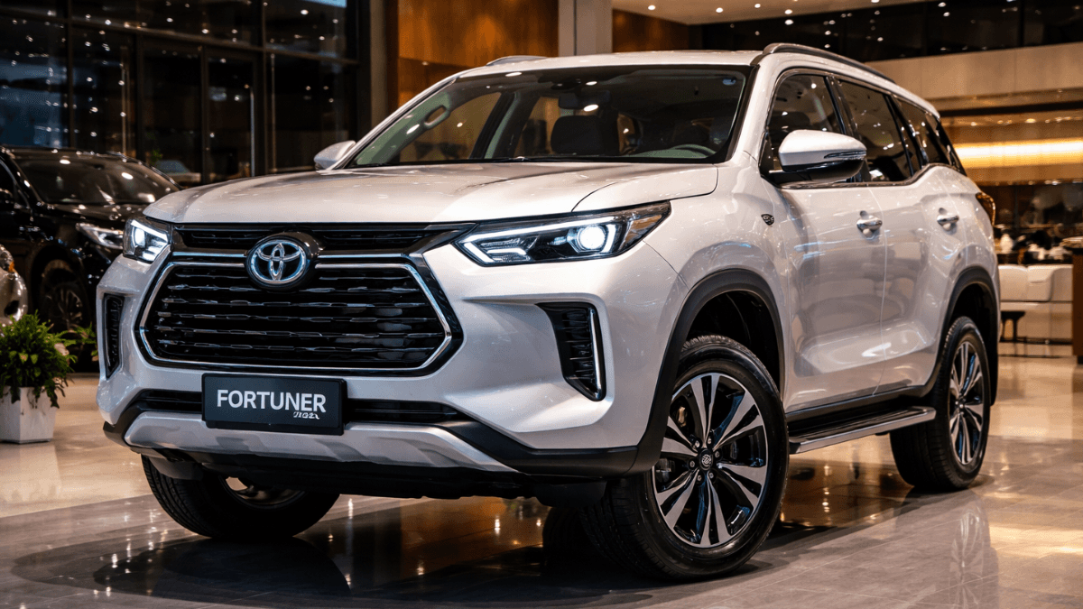 New Toyota Fortuner 2026 shining in showroom with bold grille and LED headlights