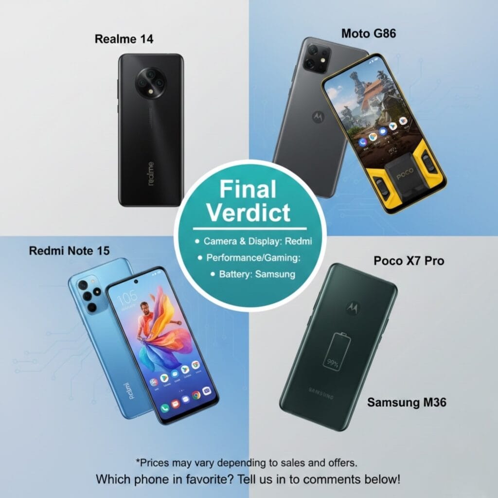 Top 5 best 5G phones under 20000 in India Feb 2026 - Realme 14, Moto G86, Redmi Note 15, Poco X7 Pro, and Samsung M36