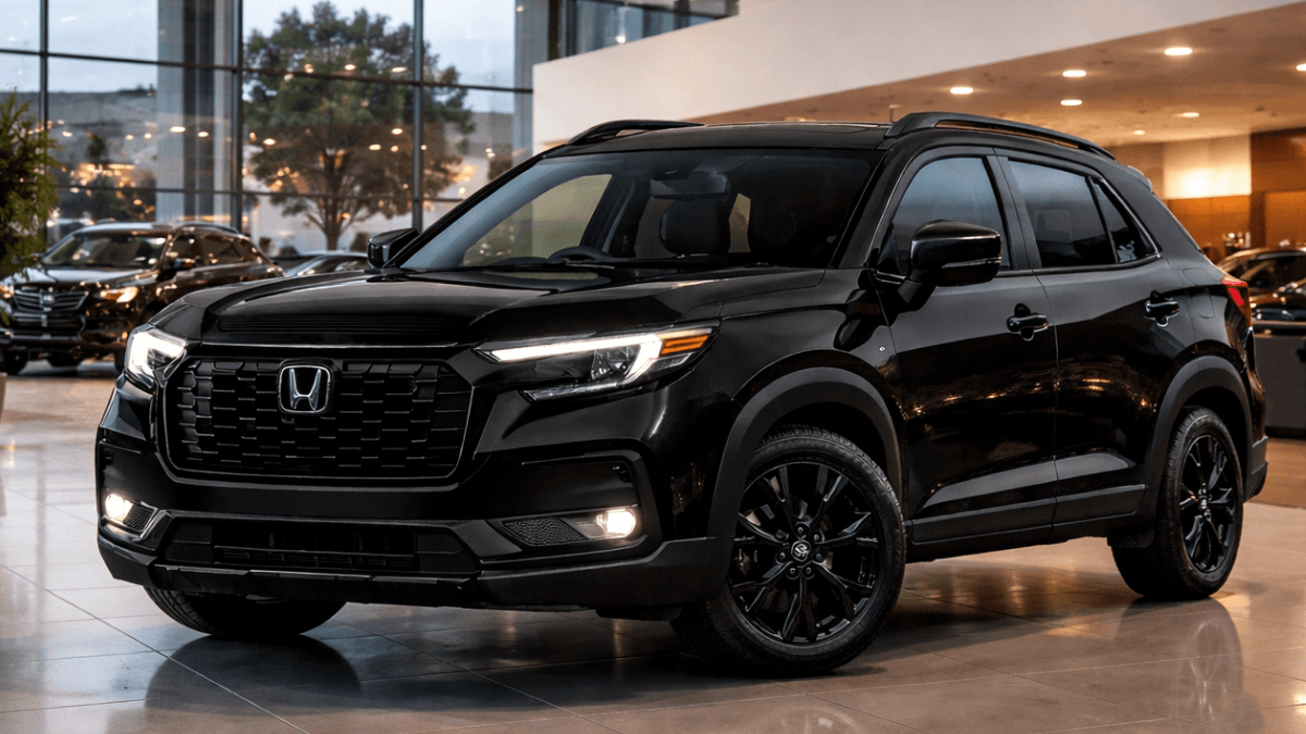 Honda Elevate 2026 Black Edition parked in showroom, premium black SUV with sleek design”