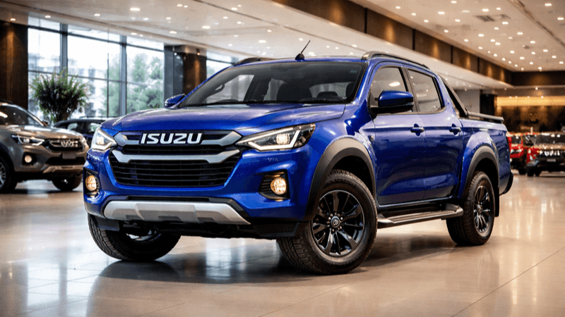 2026 Isuzu V-Cross pickup truck displayed inside a modern showroom in front three-quarter angle view