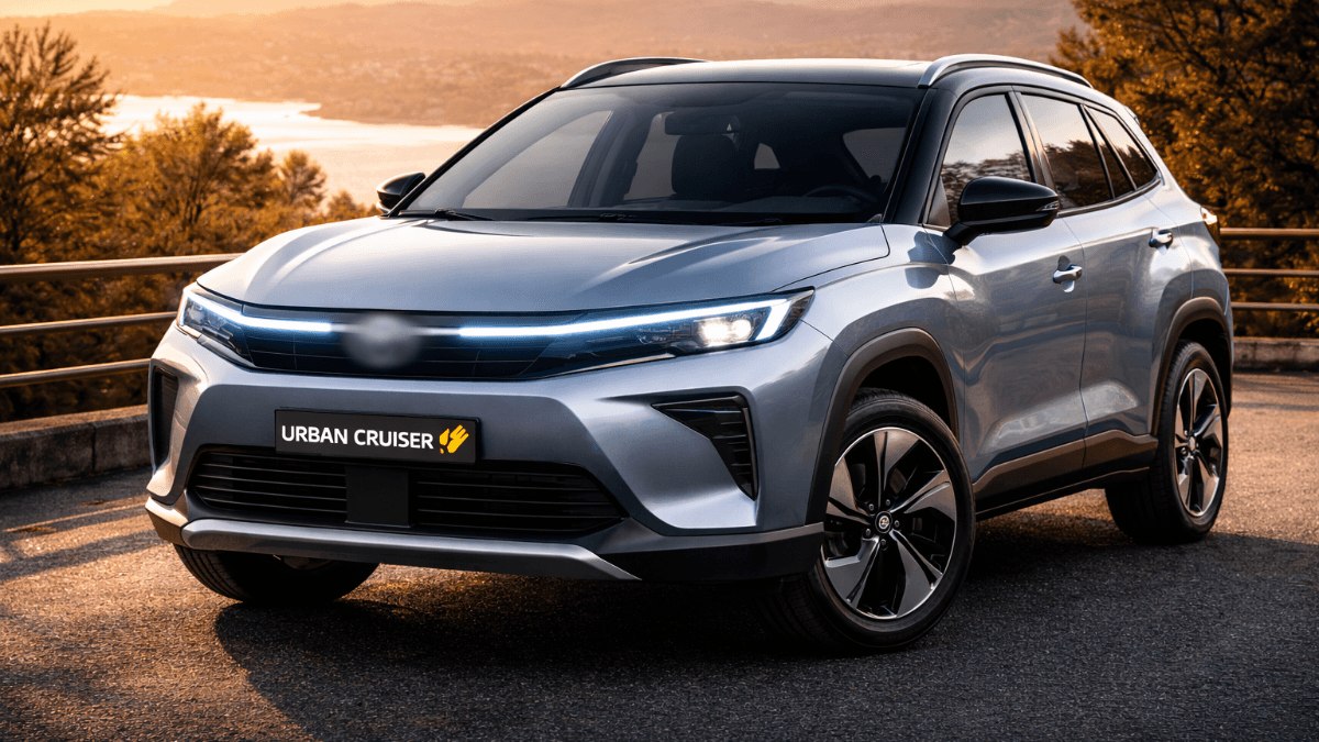Front-angle view of a sleek, realistic Toyota Urban Cruiser EV 2026 electric SUV in a showroom, featuring a custom ‘Bana’ badge on the grille, highlighting its premium design and modern styling.”
