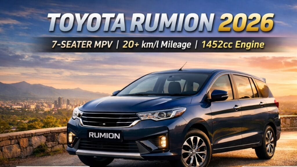 High-quality image of the 2026 Toyota Rumion MPV parked on a scenic urban road at sunset, showing sleek design, LED headlights, and polished metallic blue finish, highlighting comfort and premium look.