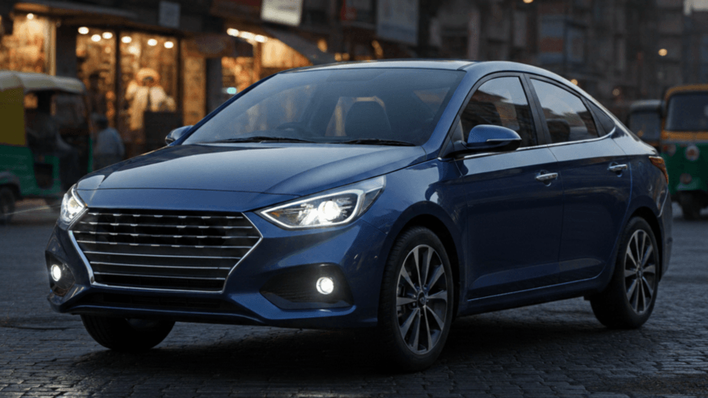 Blue sedan car on a busy Indian street at sunset for Hyundai Verna 2026 blog.