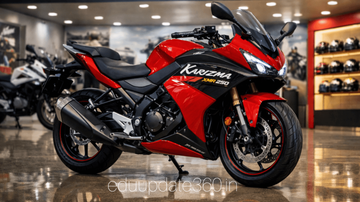 Hero Karizma XMR 250 2026 sports bike showcased in a modern showroom with aggressive red and black design