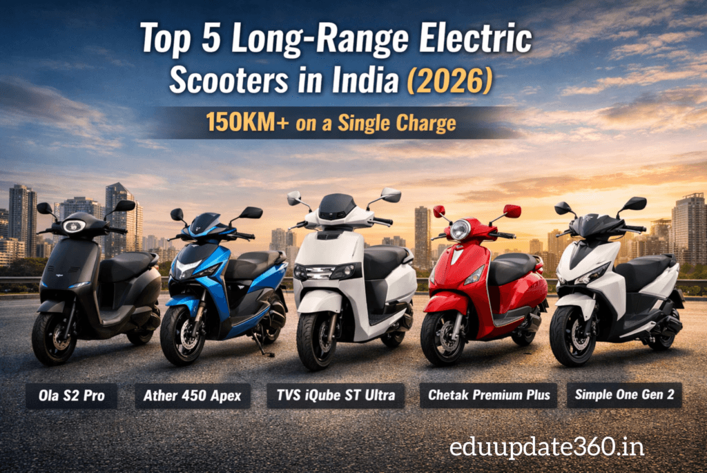 Top 5 long-range electric scooters in India for 2026 featuring high-performance EV models. This image showcases the latest electric mobility trends with smart dashboards and extended battery life."