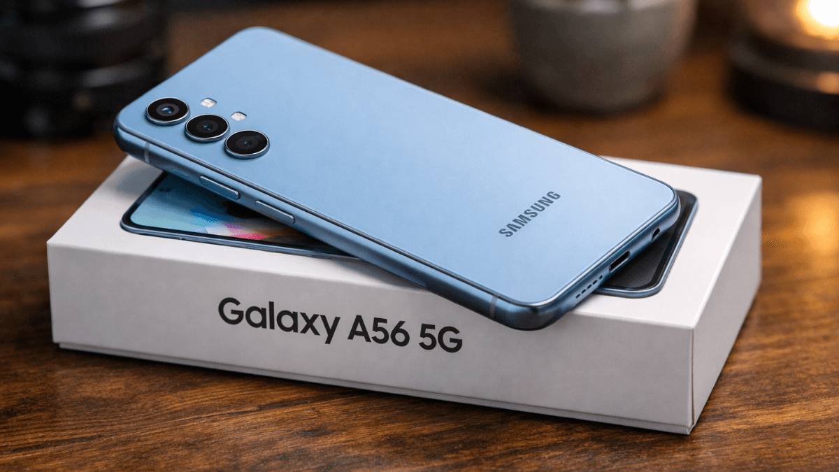 Samsung Galaxy A56 5G smartphone on box high quality image