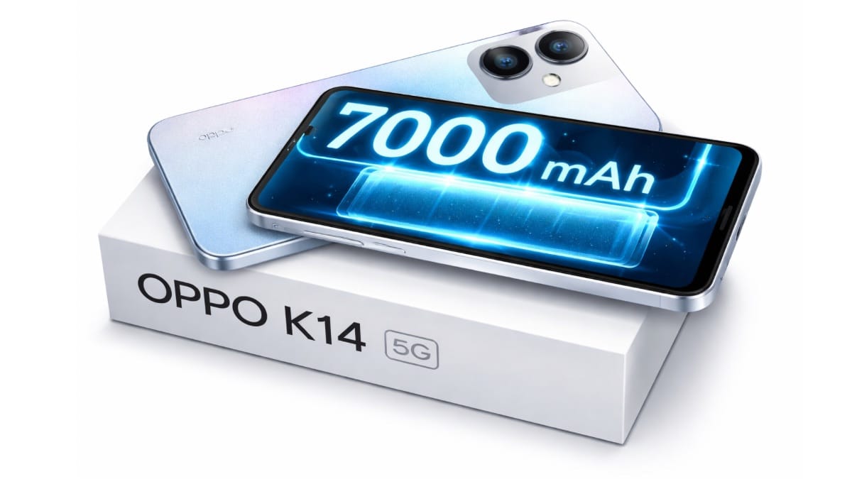 Oppo K14 5G launch India smartphone with 7000mAh battery on white background