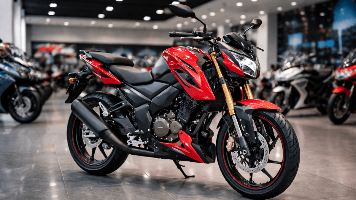 2026 TVS Apache RTR 160 4V parked in a clean showroom, red and black color, LED headlamp, sporty aggressive stance, no people, professional lighting, high-resolution display.”