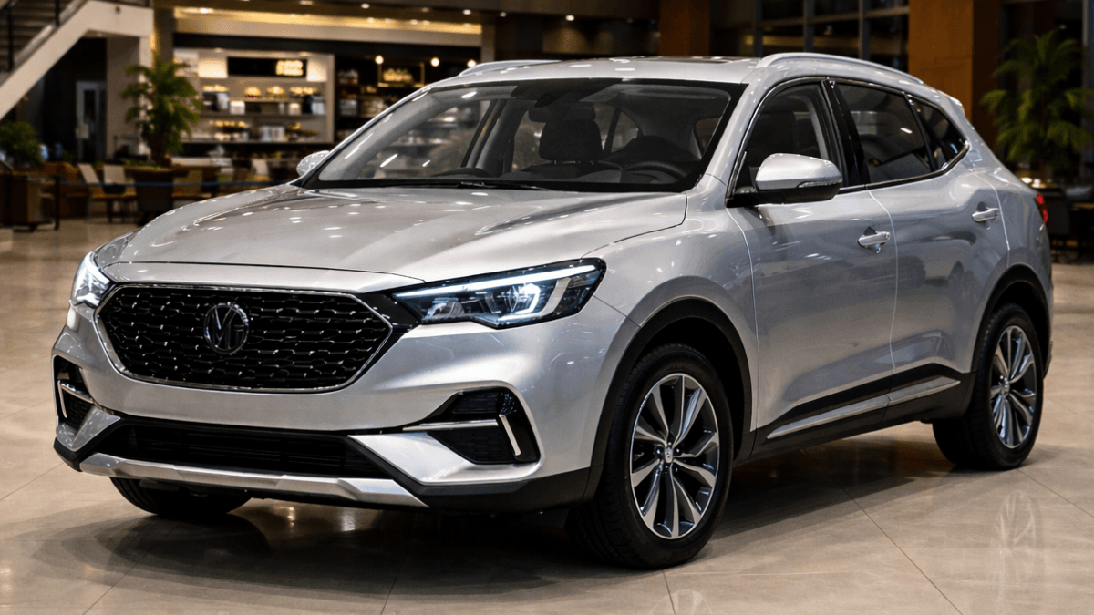 Front three-quarter view of a modern electric SUV displayed inside a premium car showroom with sleek design and LED headlights.