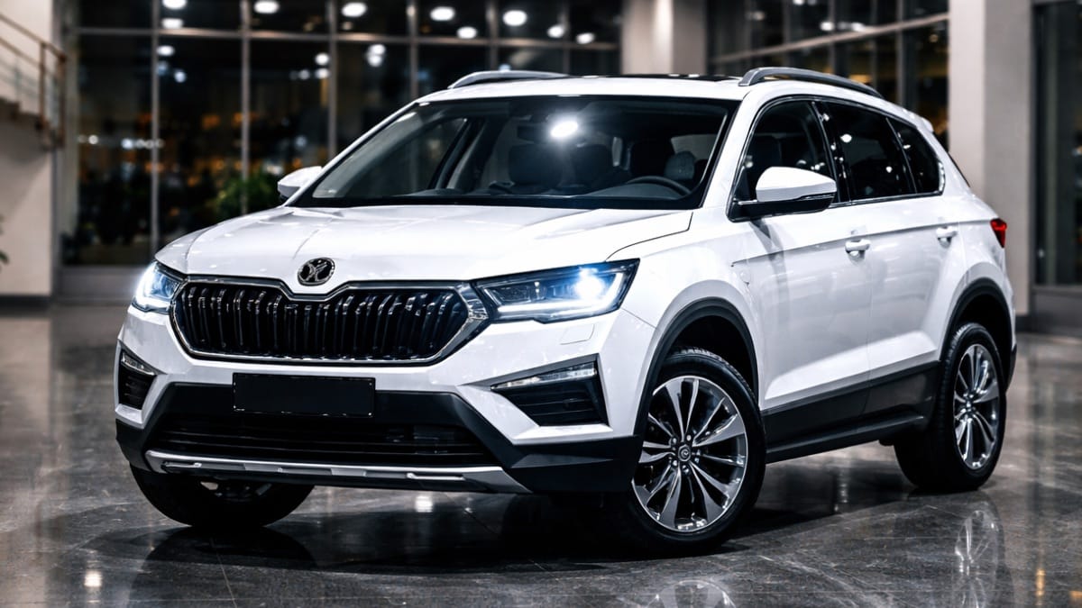 Skoda Kylaq SUV displayed in showroom during Skoda VW Sales Breakup Feb 2026
