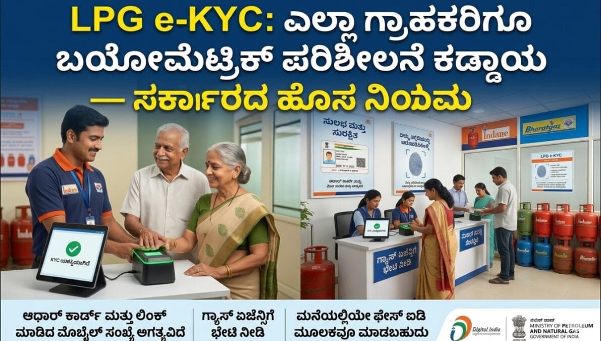 A professional informative poster in Kannada about LPG e-KYC mandatory biometric verification featuring customers and gas agency staff with a biometric scanner.