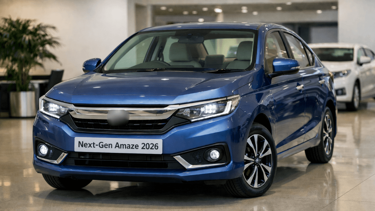 Front three-quarter view of a blue Next-Gen Amaze 2026 sedan displayed inside a modern showroom with LED headlights, chrome grille, and alloy wheels visible.